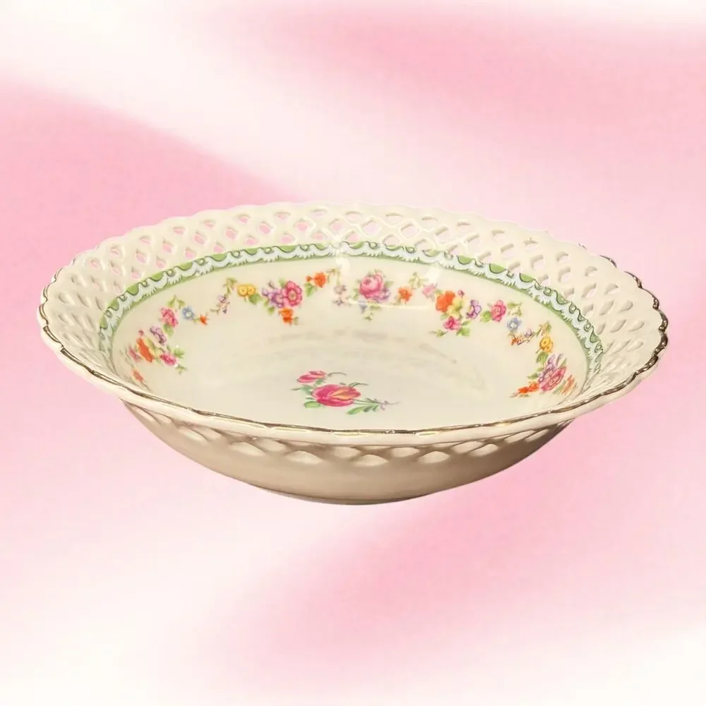 Vintage Germany Reticulated Lattice Floral Porcelain Bowl Gold Trim Cottagecore